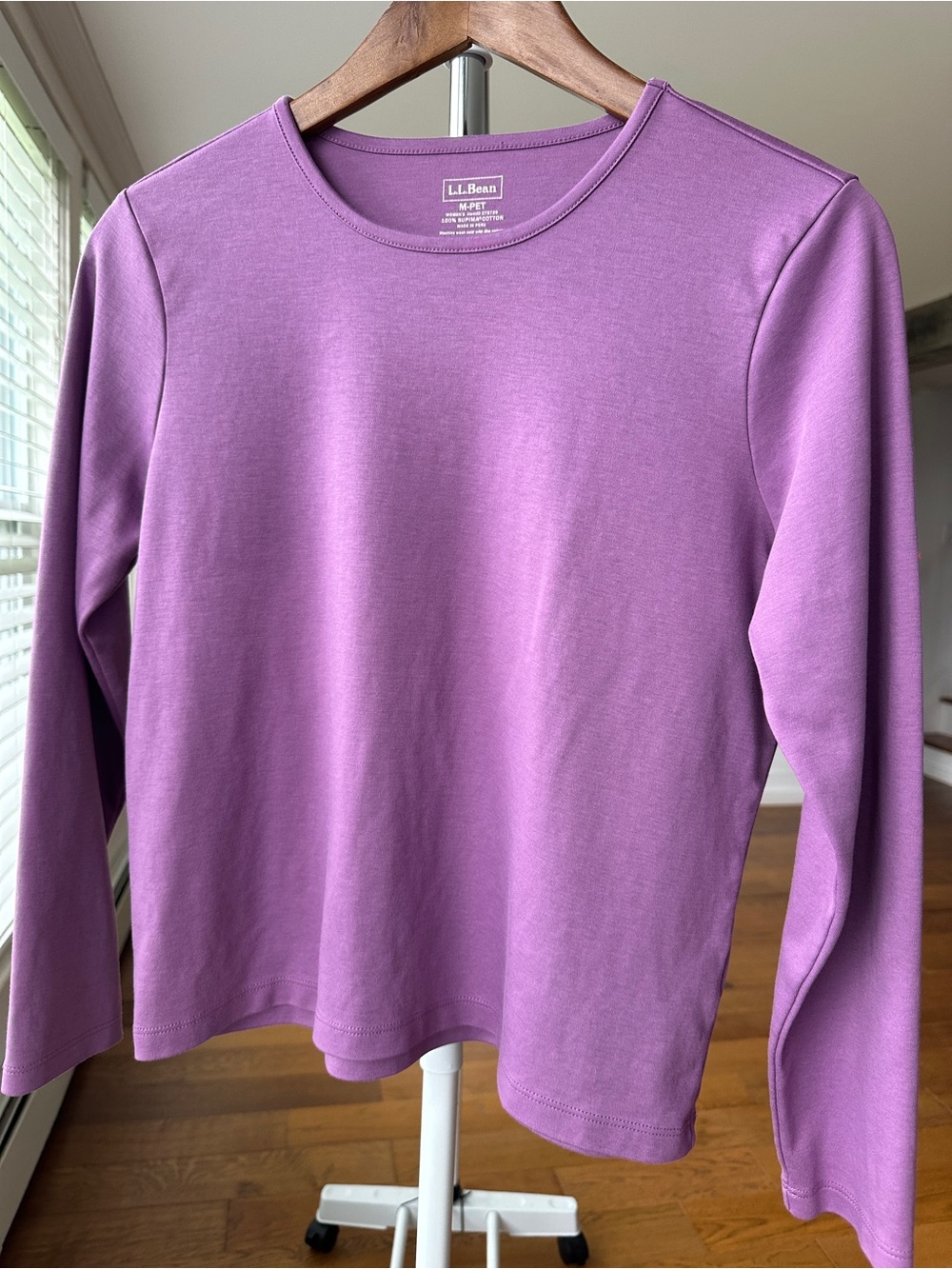 L.L. Bean Long-Sleeve Crewneck Top - Lavender, 💯 Cotton, Petite Size